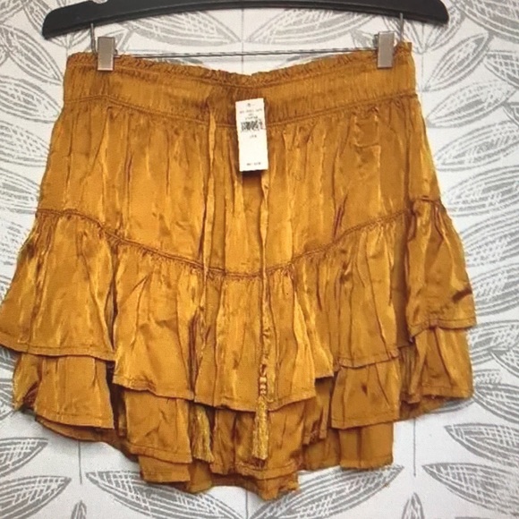 Aerie Skirt Sweet n Silky Yellow Gold Ruffles Tiered Mini New - Picture 6 of 6